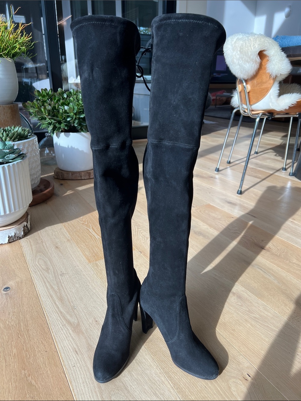 Stuart Weitzman Black Over-the-Knee Suede Boots with High Heel